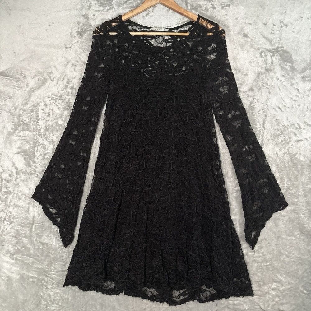 Easel Black Floral Lace Bell Sleeve Mini Dress Fairy Retro Whimsigoth - READ
